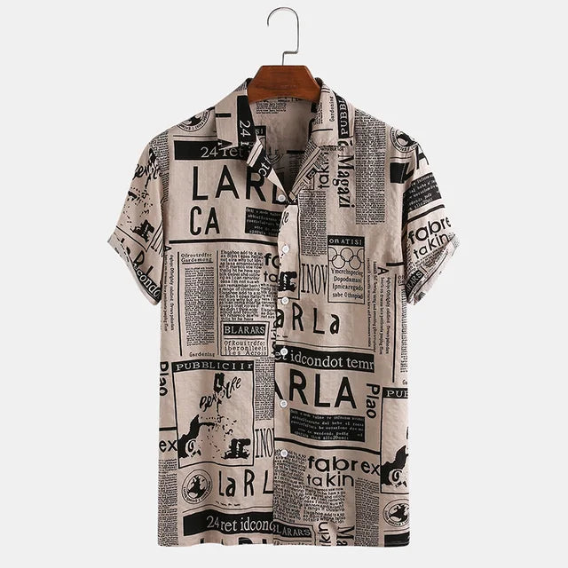 Men's stylish newspaper print short-sleeve button-up shirt for unique casual streetwear fashion.