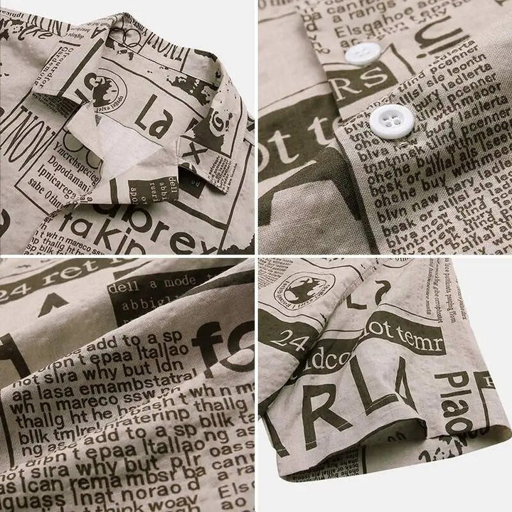 Versatile men's newspaper print button-up shirt, a stylish short-sleeve top for unique casual streetwear outfits.