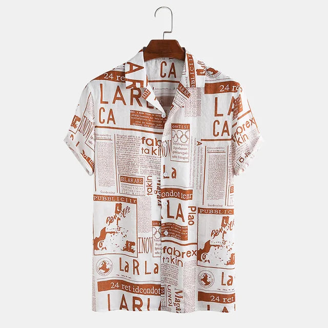 Fashionable men's newspaper print button-up shirt, a unique short-sleeve statement piece for streetwear.