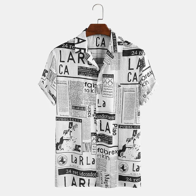 Short-sleeve men's top with distinctive newspaper print and button closure, perfect for casual streetwear style.