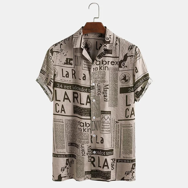 Trendy men's newspaper print short-sleeve button-up shirt, ideal for a modern casual streetwear look.