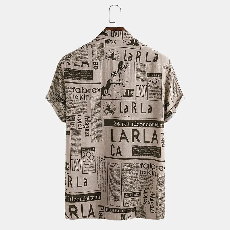 Stylish men's casual shirt featuring an all-over newspaper print design, a unique short-sleeve button-up top.