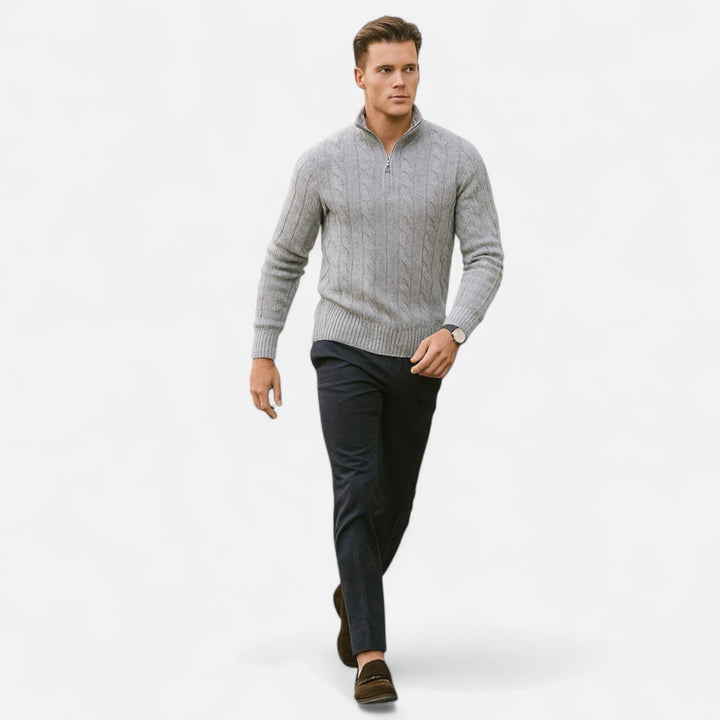 Modern men's knitwear cardigan, open-front design for versatile styling.