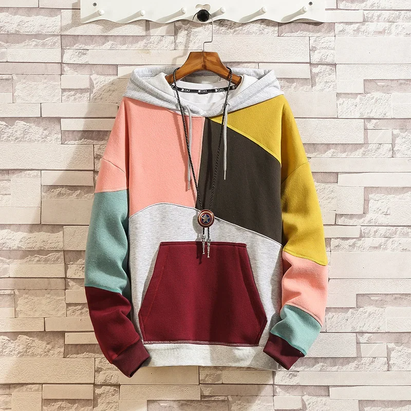 Men's stylish patchwork hoodie, a modern pullover with unique design for casual wear & comfortable streetwear.