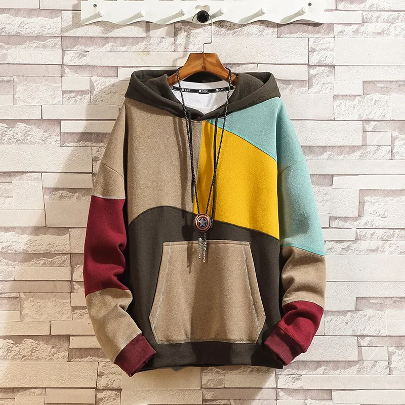 Unique men's patchwork hoodie pullover, ideal for stylish casual wear, streetwear, or comfortable active lifestyles.
