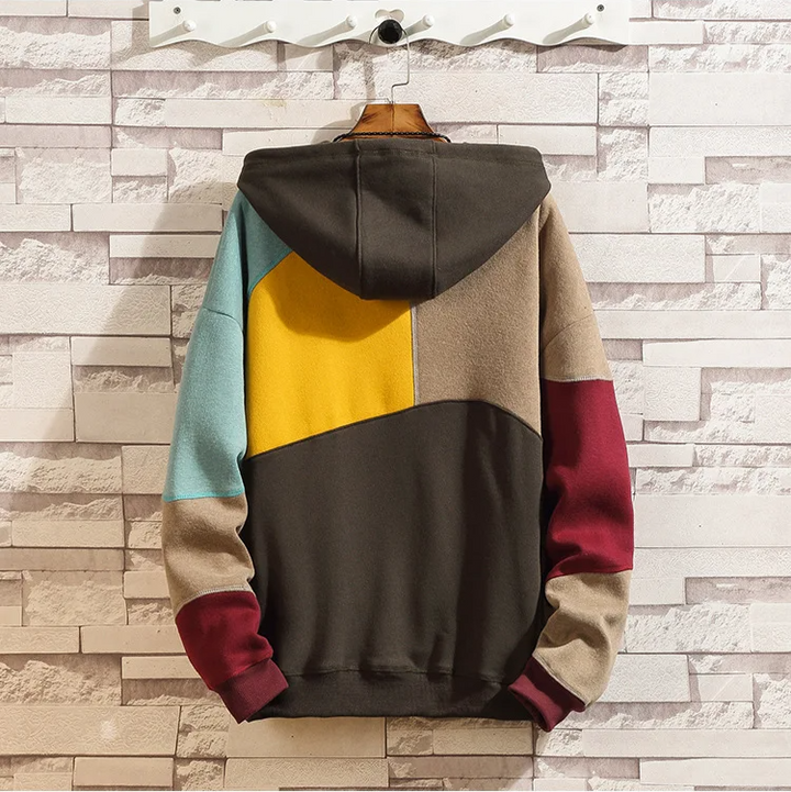 Modern men's patchwork hoodie with a distinctive design, perfect for comfortable, stylish casual & activewear.