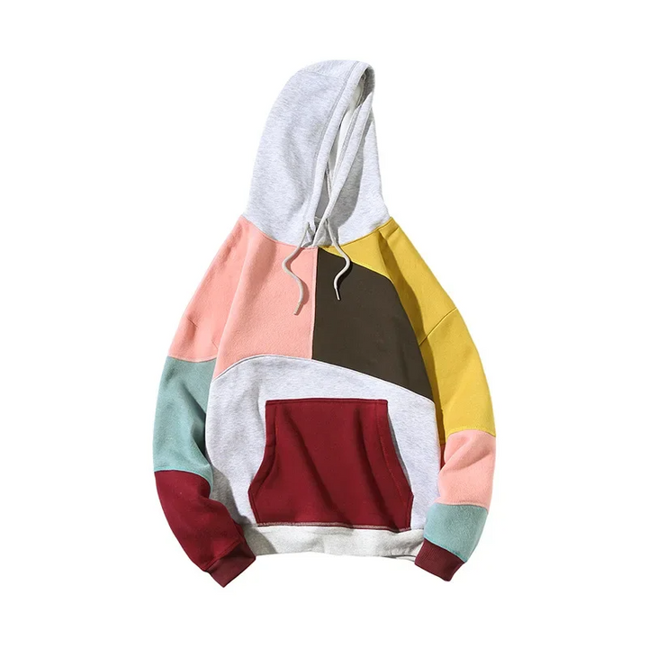 Stylish men's patchwork hoodie, a comfortable pullover with a unique, modern design for everyday casual fashion.