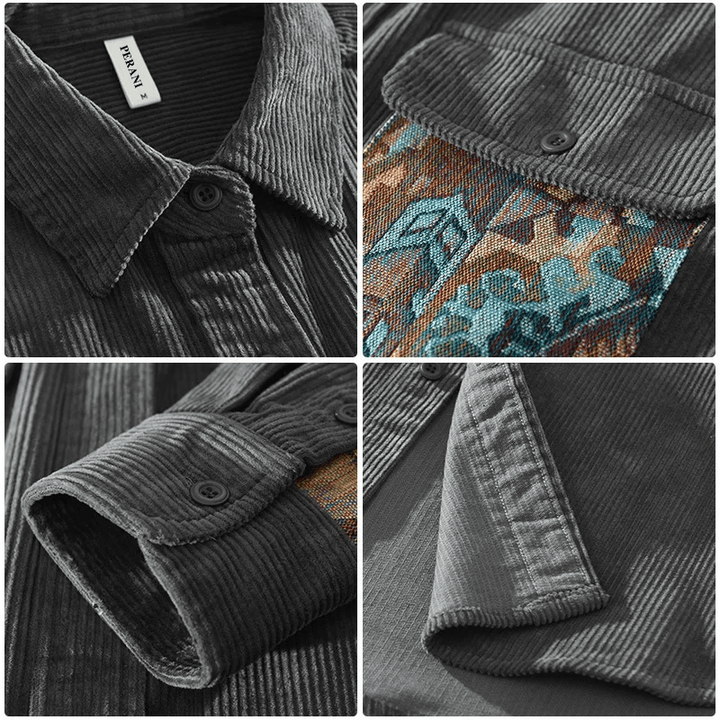 Men's stylish patchwork long sleeve shirt, casual cotton top with pockets. Modern fashion design for everyday.