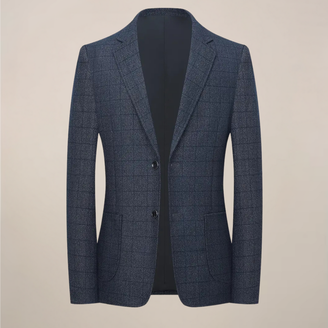 Tailored men's plaid check blazer, showcasing a skinny fit and detailed pattern. Ideal for work or smart casual.