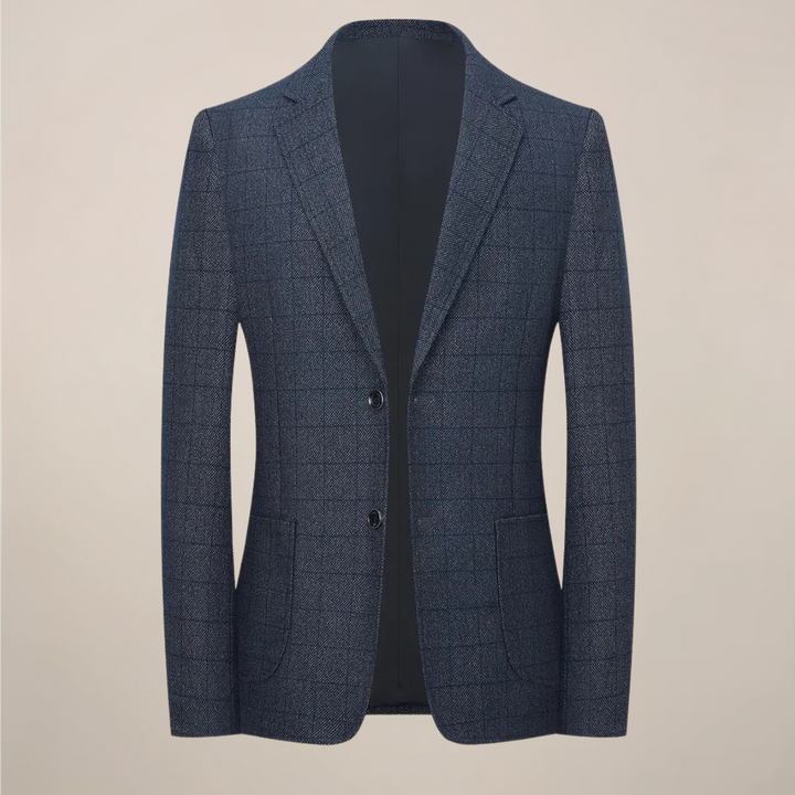 Tailored men's plaid check blazer, showcasing a skinny fit and detailed pattern. Ideal for work or smart casual.
