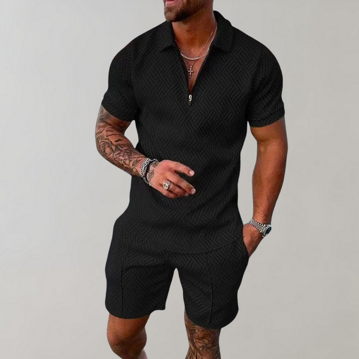 Men's stylish polo and shorts summer outfit. Casual two-piece set for warm weather comfort and leisure.
