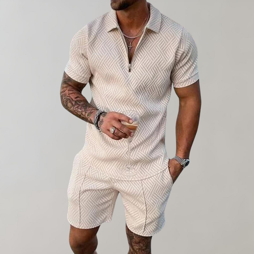 Man wearing a stylish men's polo and shorts summer outfit, perfect for casual resort wear and leisure.