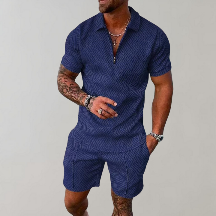 Classic men's two-piece polo and shorts summer outfit, offering comfort and style for warm weather fashion.