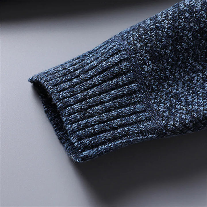 Warm men's quarter-zip turtleneck sweater in textured knit, a stylish pullover for layering.