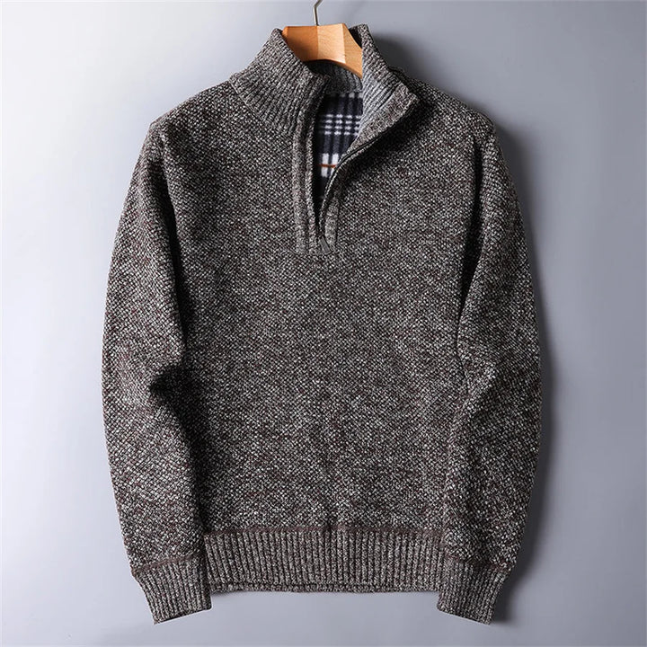 Stylish men's quarter-zip turtleneck pullover, perfect for layering in fall & winter fashion.