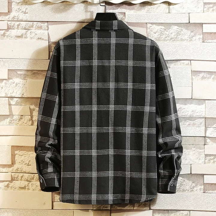 Classic men's plaid flannel shirt for layering; stylish long sleeve button-up for streetwear and casual comfort.