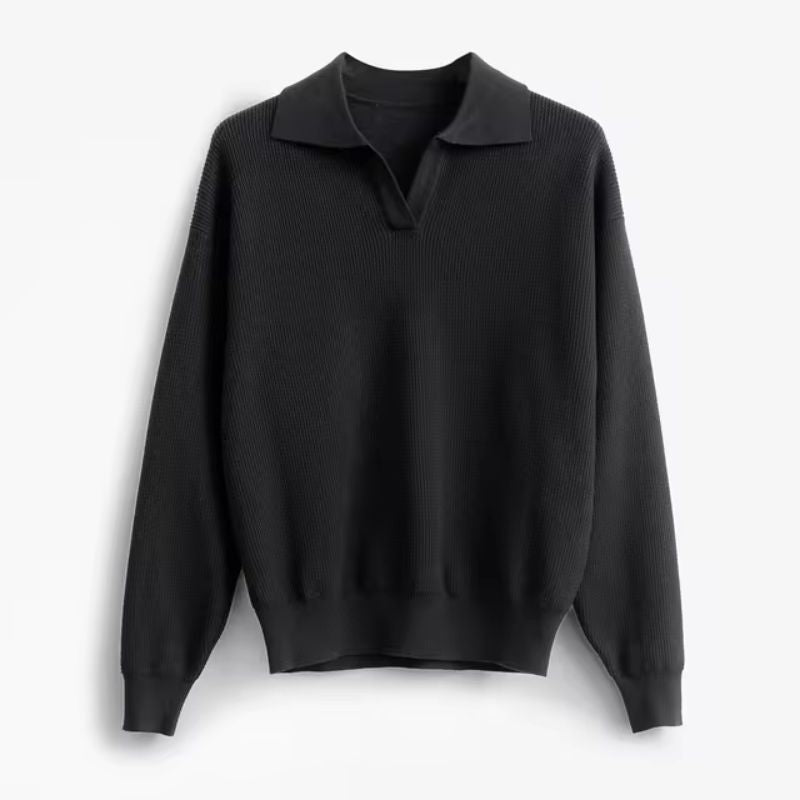 Soft men's long sleeve pullover sweater; relaxed fit and unique collar design, ideal comfortable top for fall.