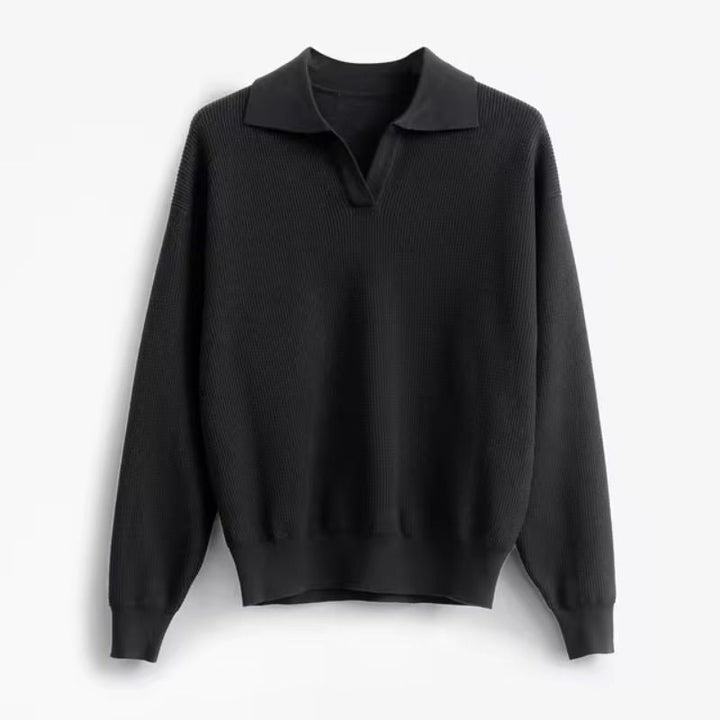 Soft men's long sleeve pullover sweater; relaxed fit and unique collar design, ideal comfortable top for fall.