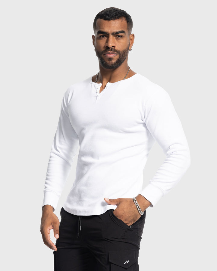 Sleek men's ribbed henley, a comfortable long sleeve shirt that elevates casual wear.