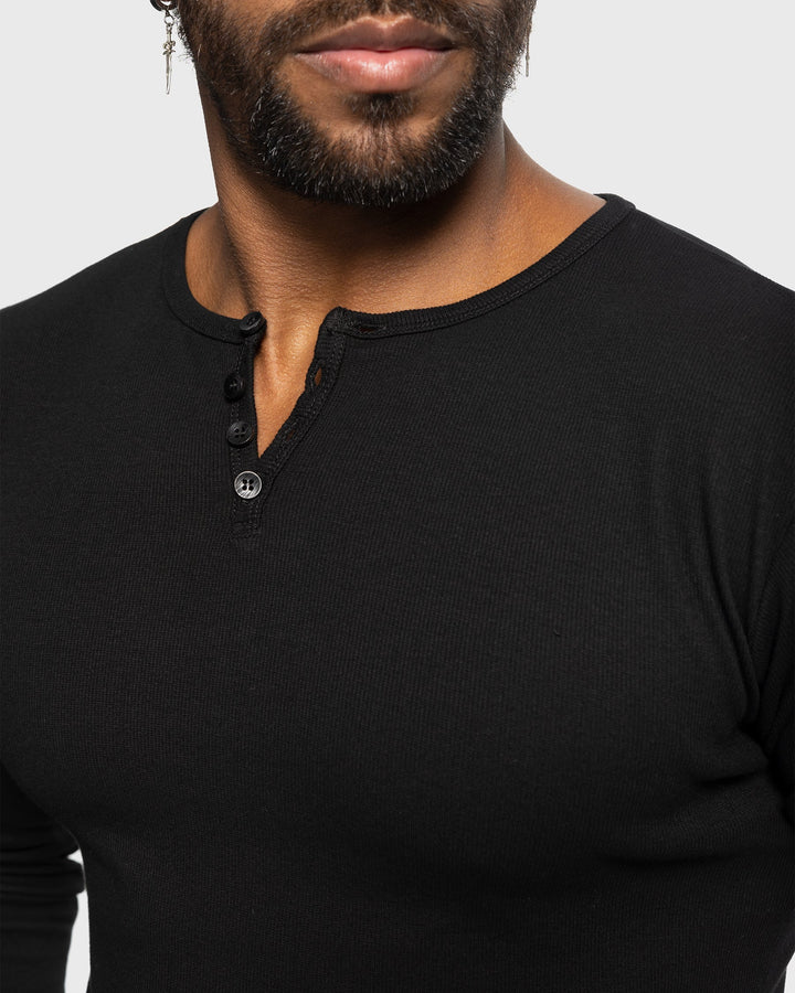 Durable men's ribbed henley, offering long sleeve comfort and stylish versatility for daily use.
