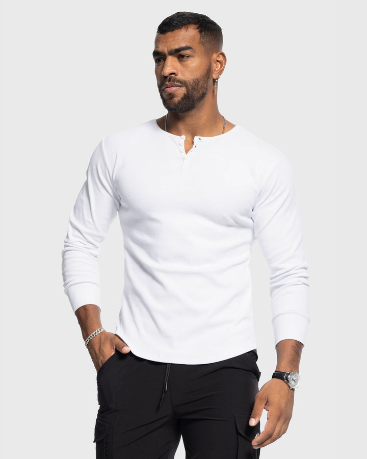 Athletic men's ribbed henley, comfortable long sleeve shirt perfect for active or casual days.