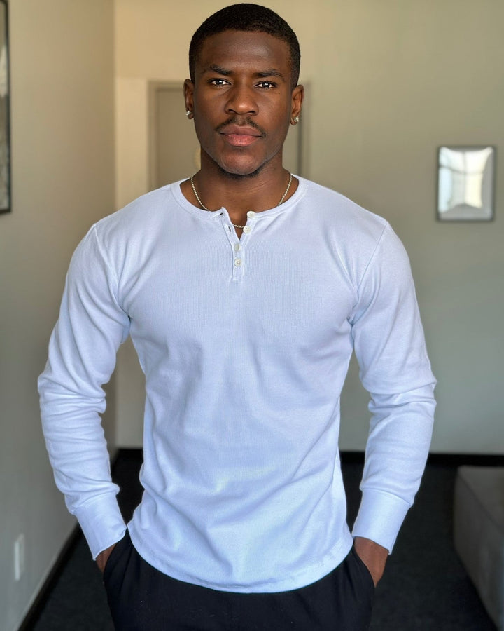 Men's versatile ribbed henley, a stylish long sleeve shirt offering comfortable fit for any occasion.