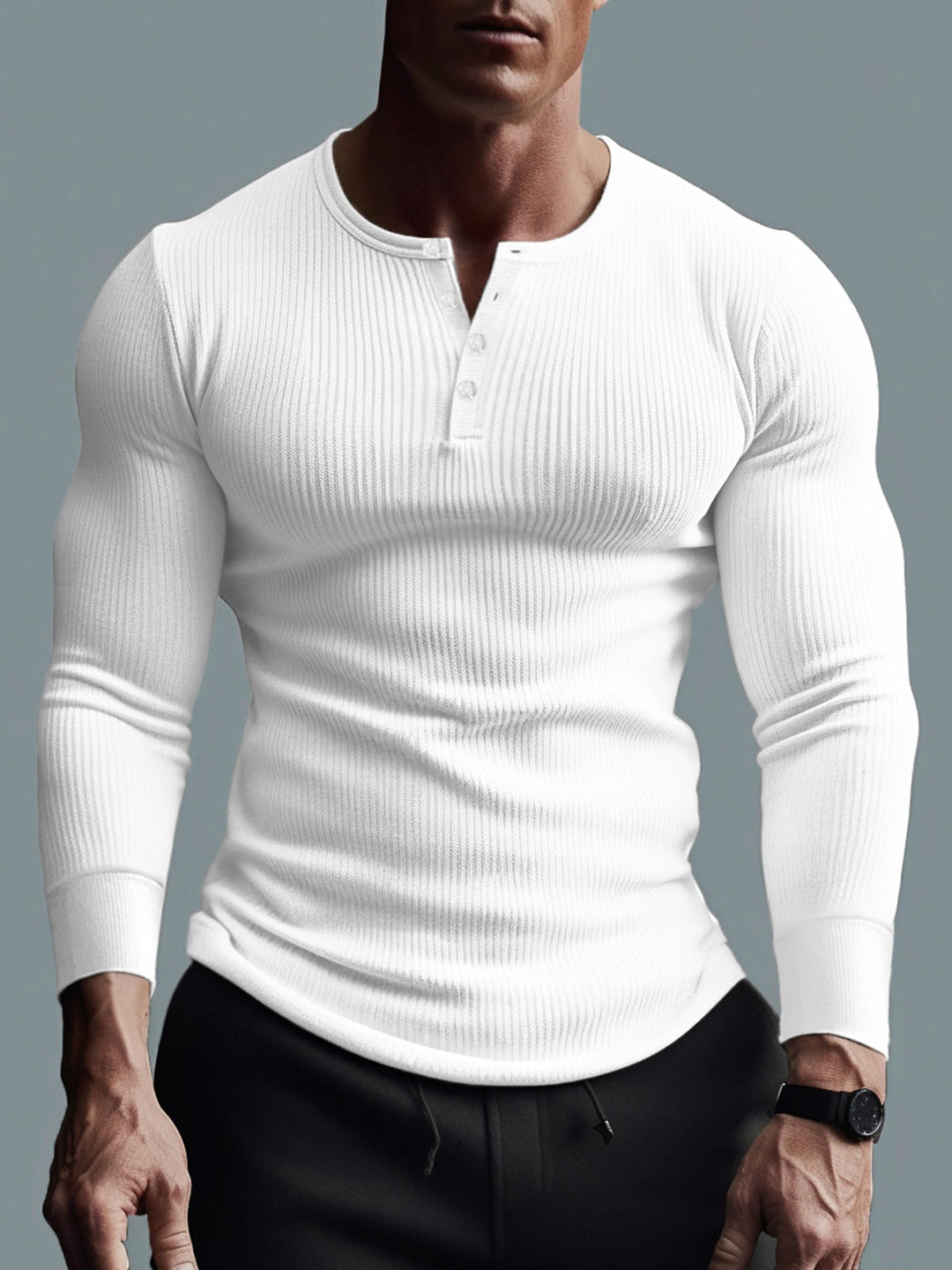 Comfortable men's long sleeve henley, a stylish ribbed shirt for daily casual fashion.