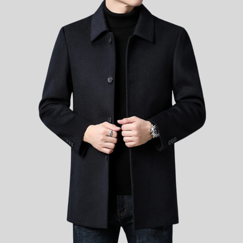 Men's stylish single-breasted overcoat, perfect for winter business attire & smart casual looks. Elegant long trench.