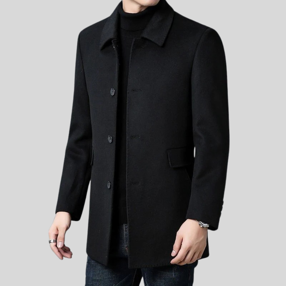 Tailored men's single-breasted winter overcoat. Ideal for formal wear, business & autumn/winter fashion.