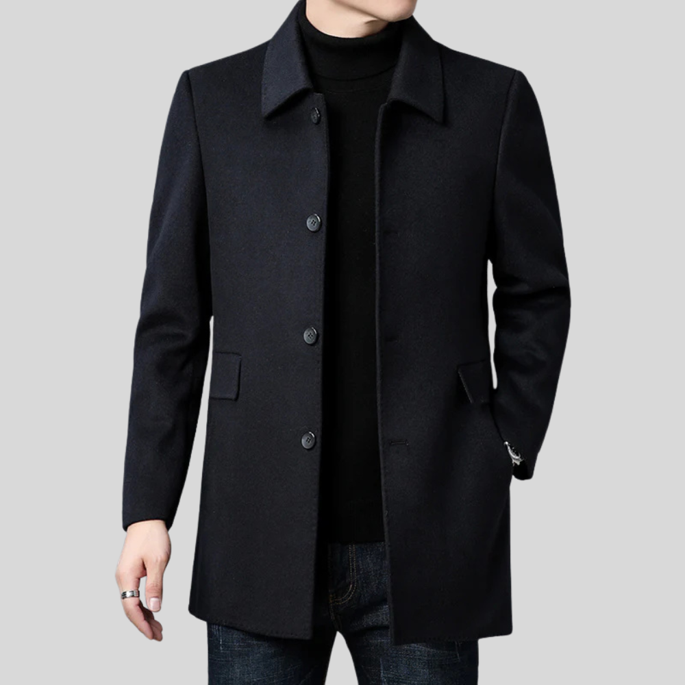 Elegant men's long overcoat for business attire. Single-breasted tailored jacket, smart for winter & autumn fashion.