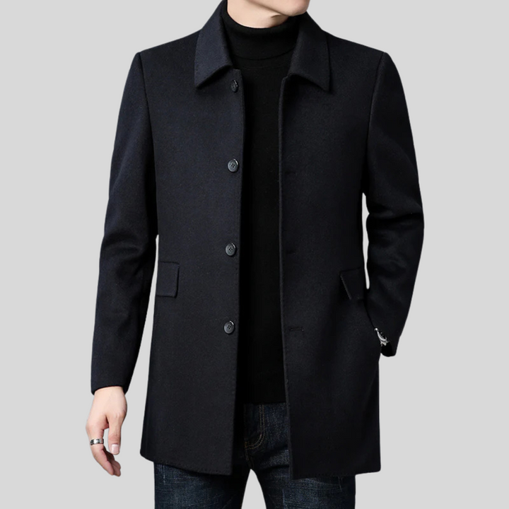 Elegant men's long overcoat for business attire. Single-breasted tailored jacket, smart for winter & autumn fashion.