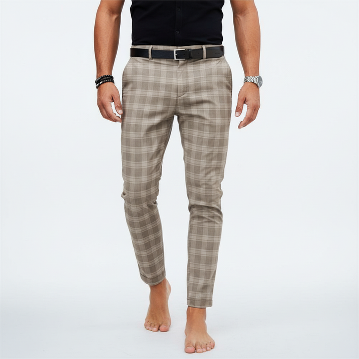 Close-up of fabric on men's striped chino trousers, cotton blend
