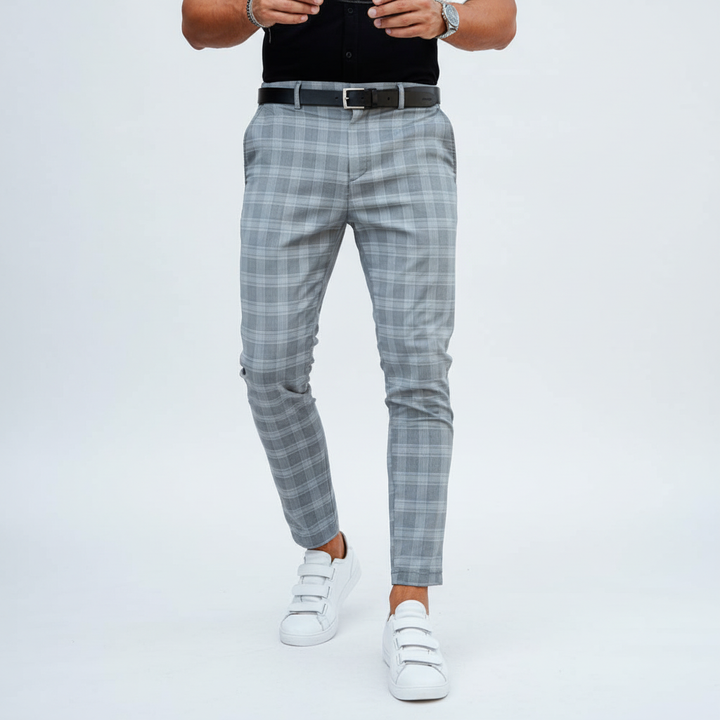 Full-length view of men's slim-fit striped chino trousers for men's apparel