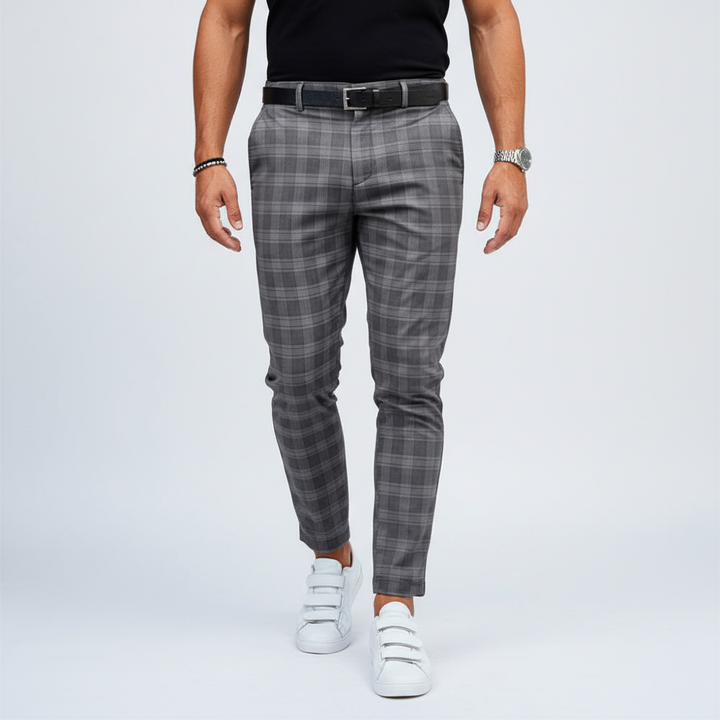 Men's casual wear striped chino pants, a key men's fashion staple