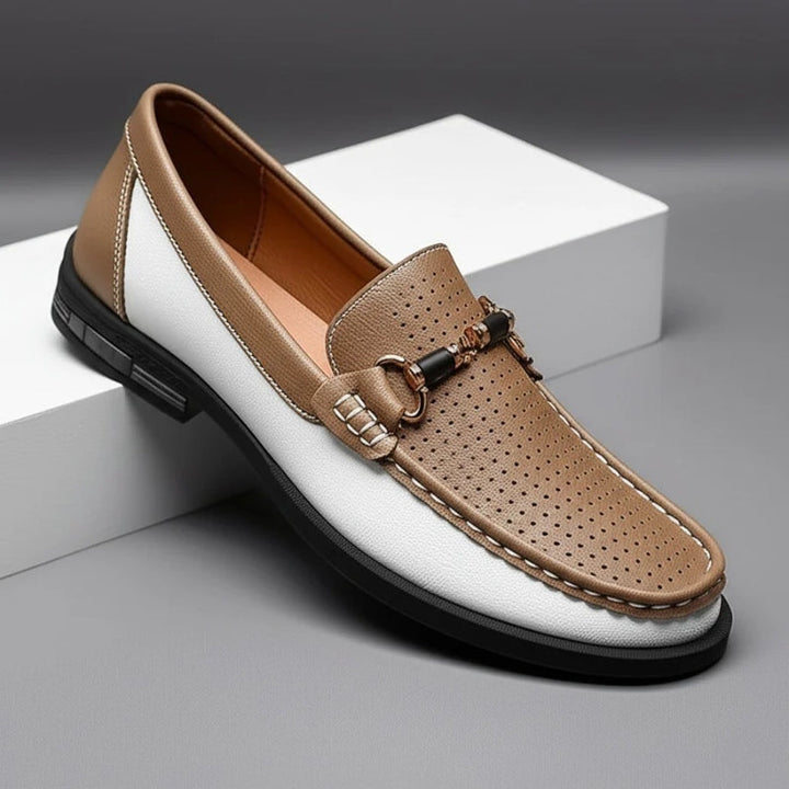 Khaki men's slip-on loafers with perforated design for breathable all-day comfort & versatile style.