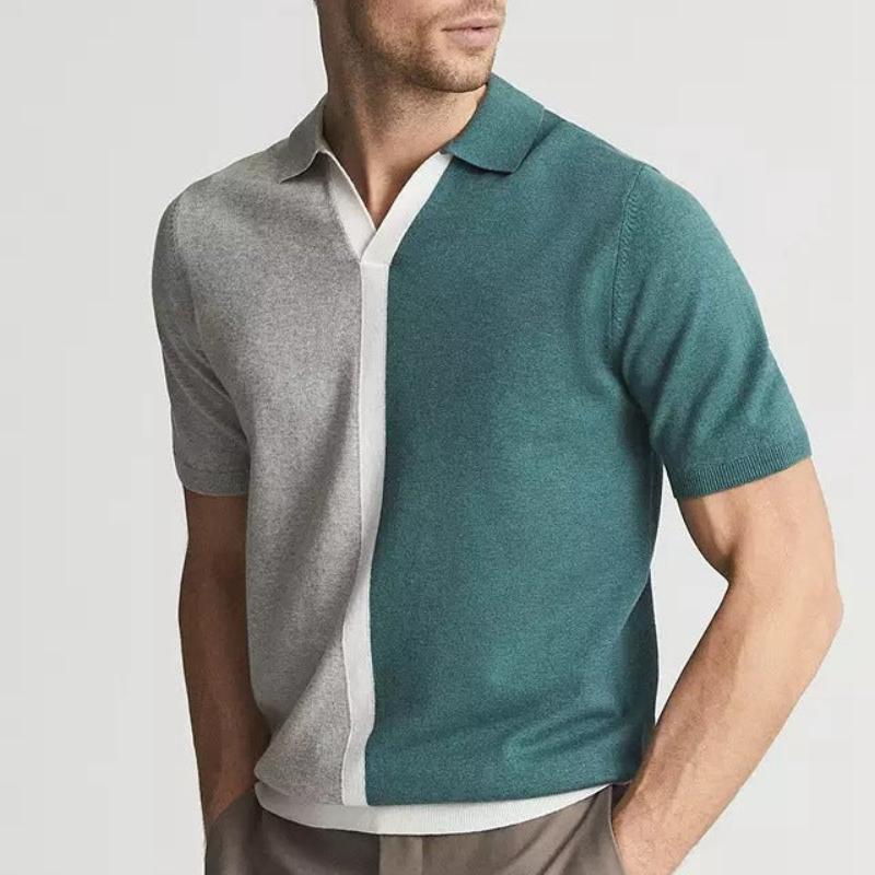 Men's stylish split color polo shirt, a unique short-sleeve top for casual summer fashion. Button-up design.