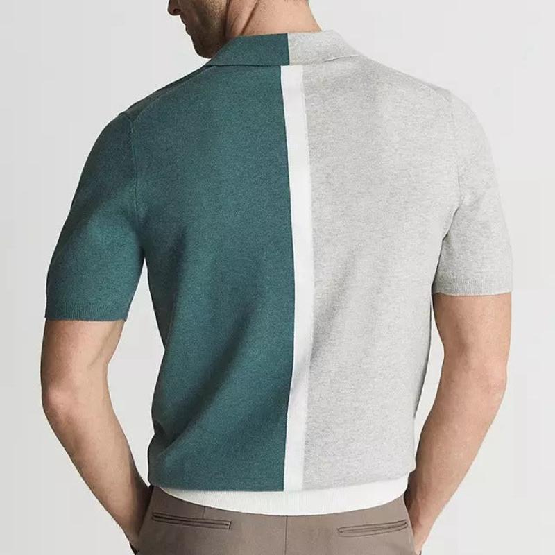 Close-up of a men's unique split color polo shirt, featuring a modern short-sleeve button-up design. Stylish.