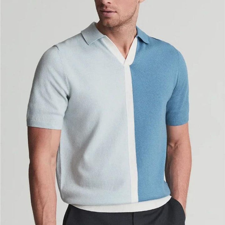 Casual men's split color polo shirt, ideal for everyday wear & summer fashion. Stylish short-sleeve top design.