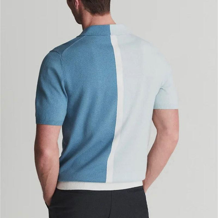 Dynamic men's split color polo shirt, a versatile short-sleeve button-up for contemporary casual summer style.