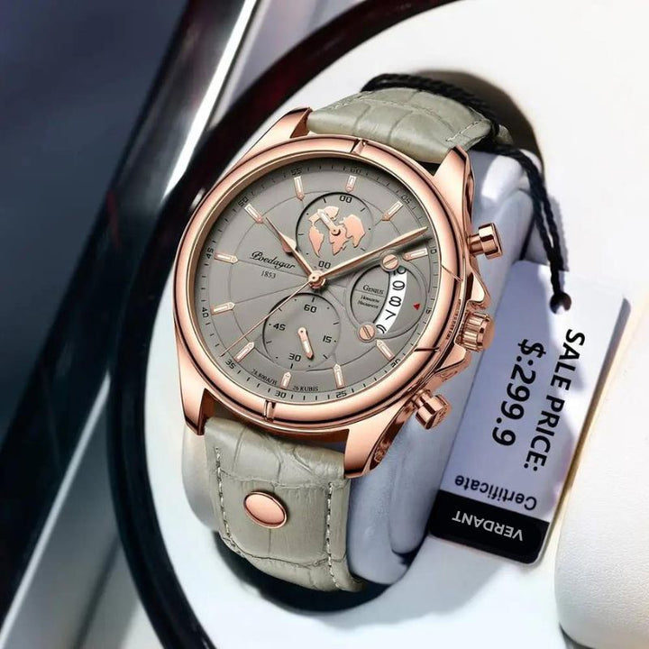 Elegant men's stainless steel watch with classic three dials, water resistant.