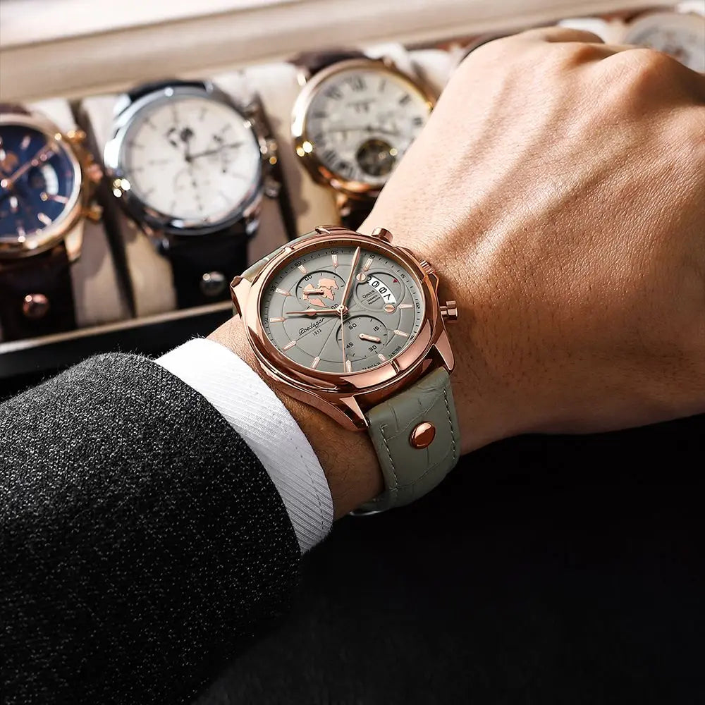 Durable men's stainless steel timepiece, classic three-dial face, stylish accessory.