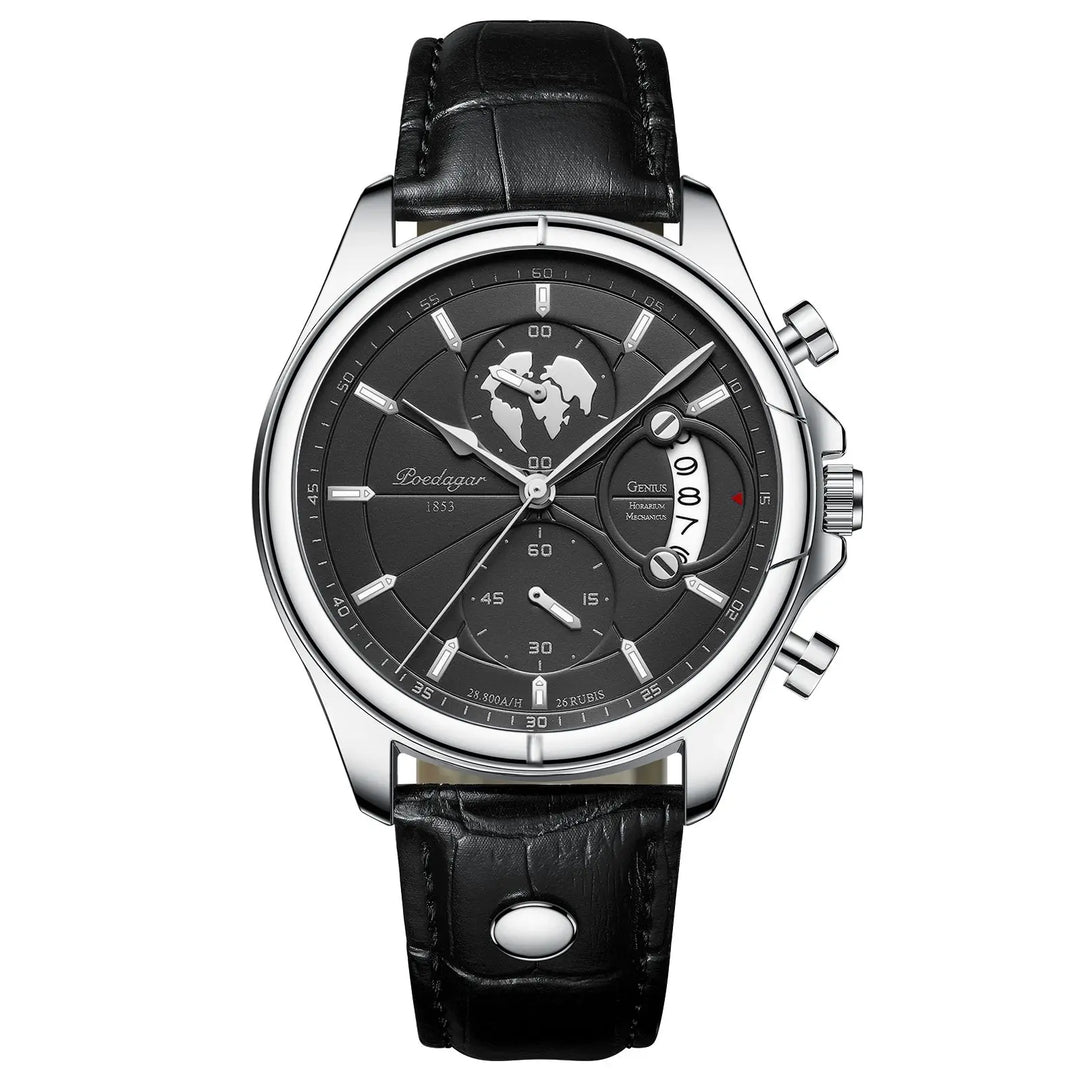 Men's elegant stainless steel three-dial watch, a classic durable accessory for any occasion.