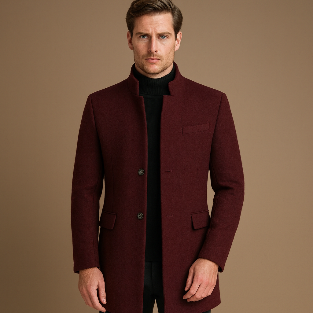 Men's stylish stand collar longline overcoat. Perfect tailored jacket for formal business attire & winter fashion.
