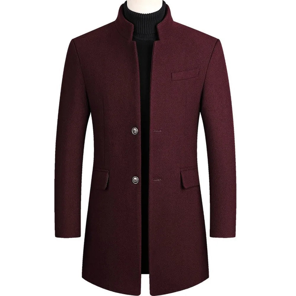 Classic men's trench coat with stand collar. Elegant longline jacket, ideal for evening wear & formal occasions.