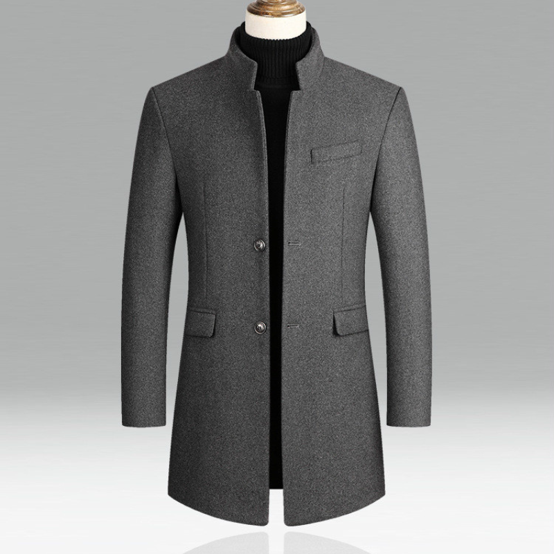 Sophisticated men's overcoat, a modern longline stand collar jacket for stylish outerwear & cold weather.