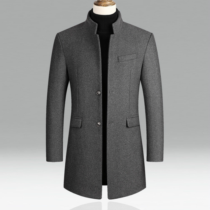 Sophisticated men's overcoat, a modern longline stand collar jacket for stylish outerwear & cold weather.