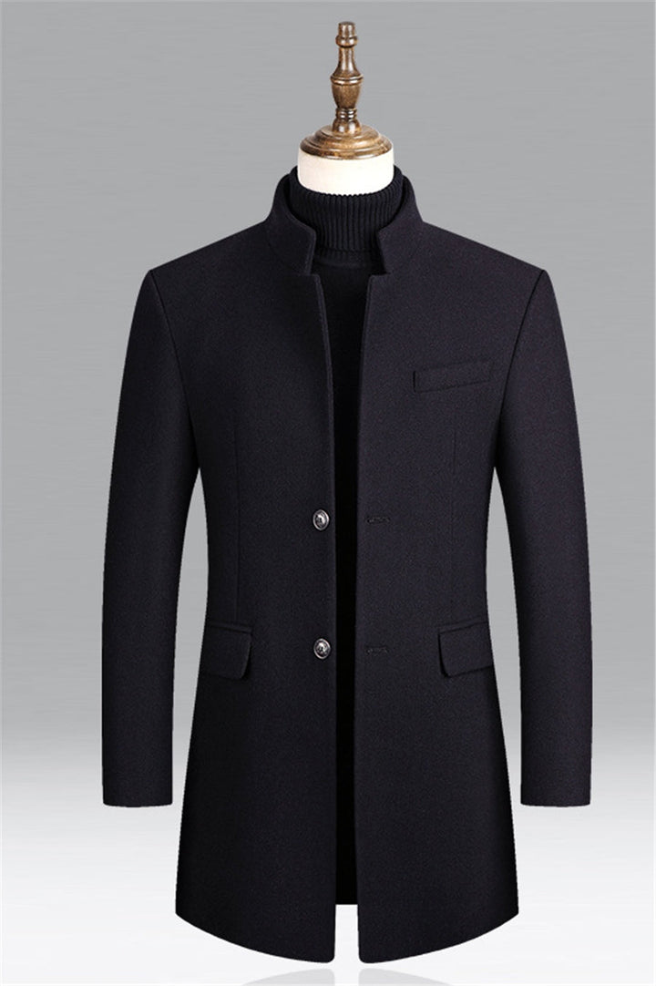 Versatile men's longline trench coat with stand collar. A stylish overcoat for business, formal events & winter.