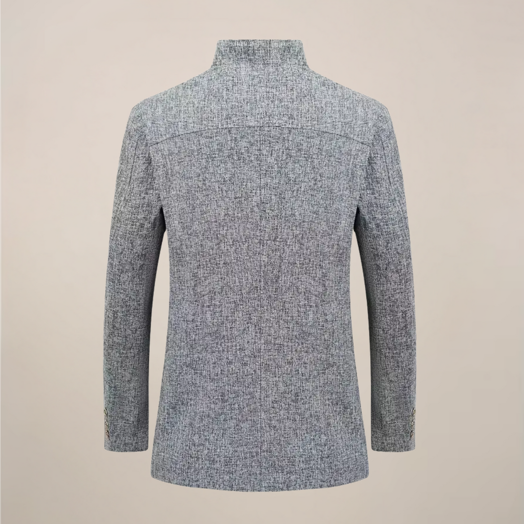 Modern men's stand collar jacket; single-breasted design. Versatile for business casual, spring & autumn fashion.