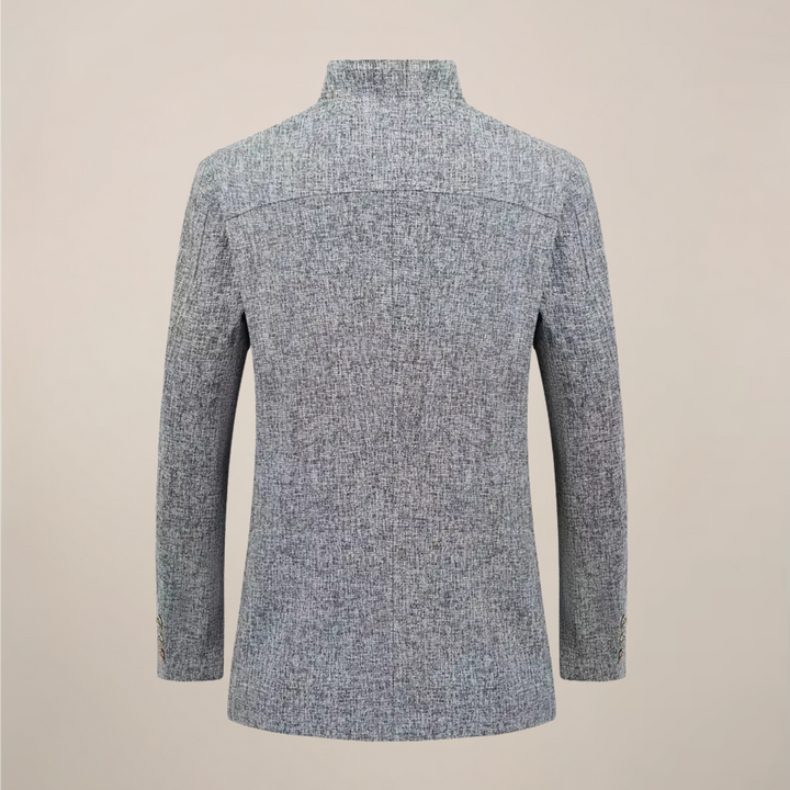 Modern men's stand collar jacket; single-breasted design. Versatile for business casual, spring & autumn fashion.