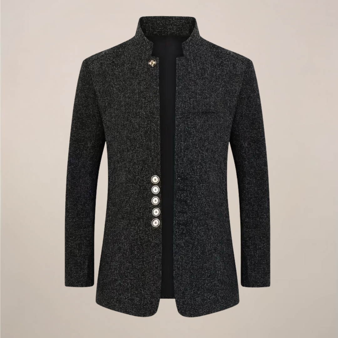 Sharp men's stand collar, single-breasted blazer. Ideal outerwear for spring & autumn, offering a sophisticated look.
